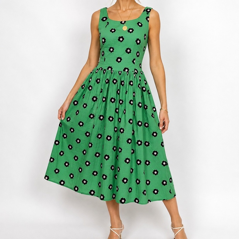 Tulip B Fit & Flare Knee Length Dress Women's Small Green Floral Sleeveless NWT